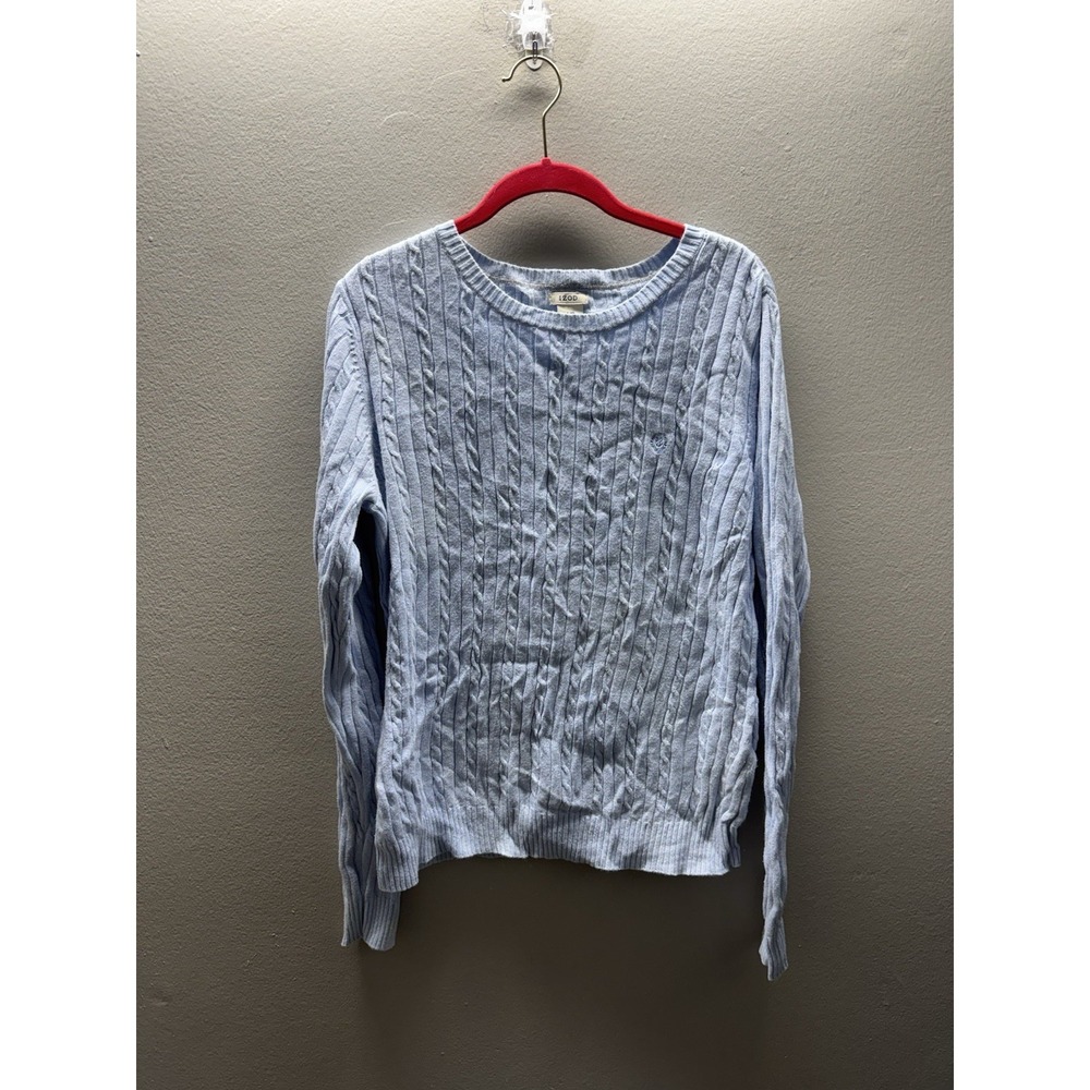 Izod Cable Knit Sweater Mens Large Blue Cotton Winter Fall